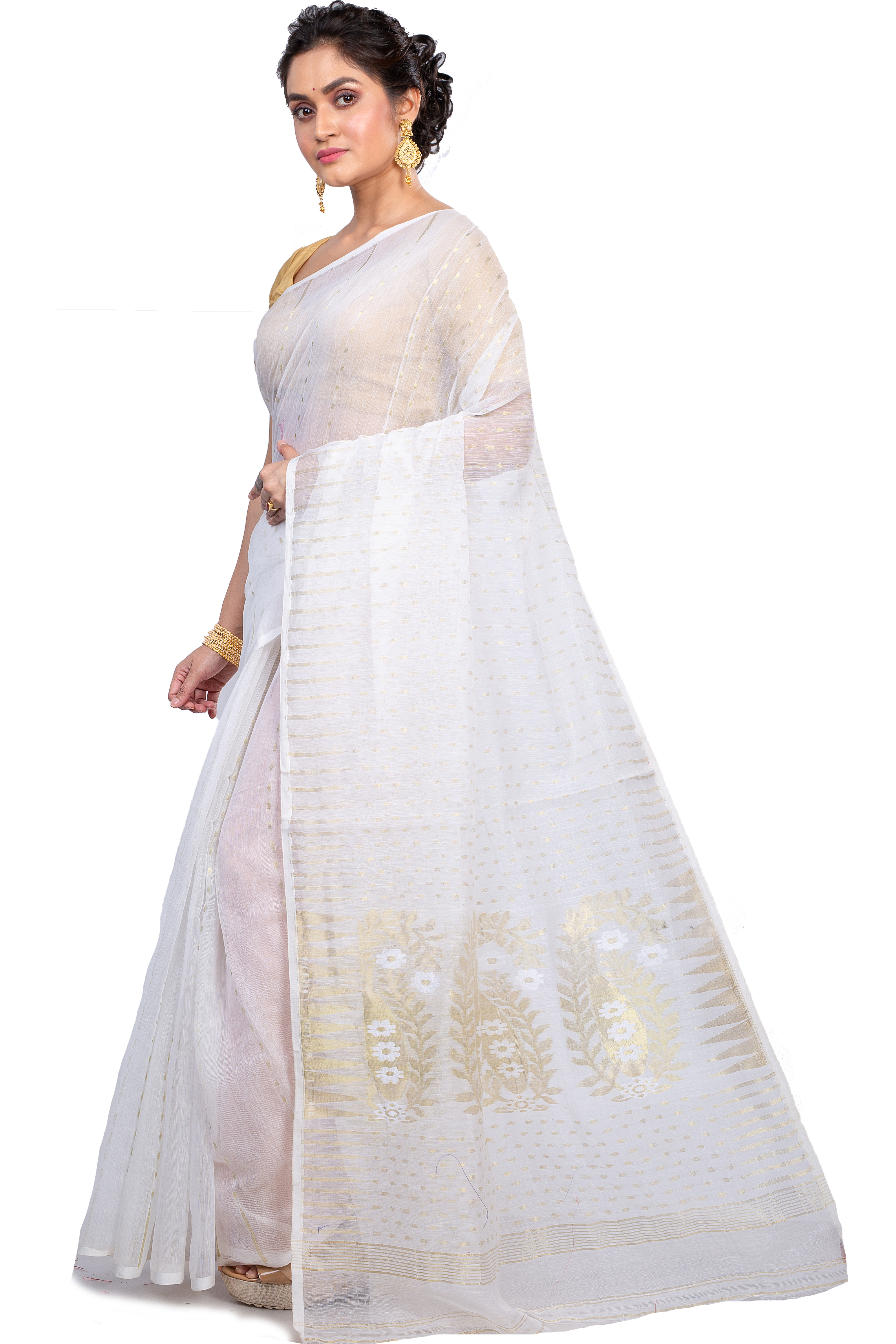White Blended Cotton New HALF  JAMDINE Jamdani Saree (4108)